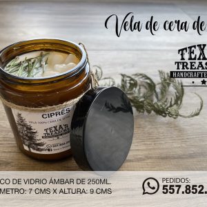 VELA DE CERA DE SOJA AMBAR CIPRES 250ML