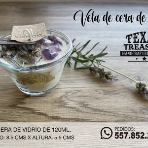 3-VELA DE CERA DE SOJA CON CUARZO AMATISTA EN FLANERA DE VIDRIO 120ML