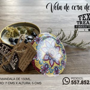 VELA DE CERA DE SOJA LATA MANDALA 150ML TE BLANCO Y CUARZO NEGRO