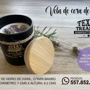 VELA DE CERA DE SOJA VASO DE VIDRIO NEGRO O ROSA CON TAPA DE BAMBU CON AMATISTA Y LAVANDA 200ML