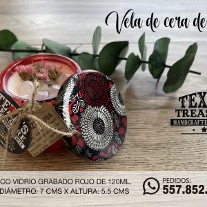 9-VELA DE CERA DE SOJA VIDRIO ROJO GRABADO ROSAS 120ML